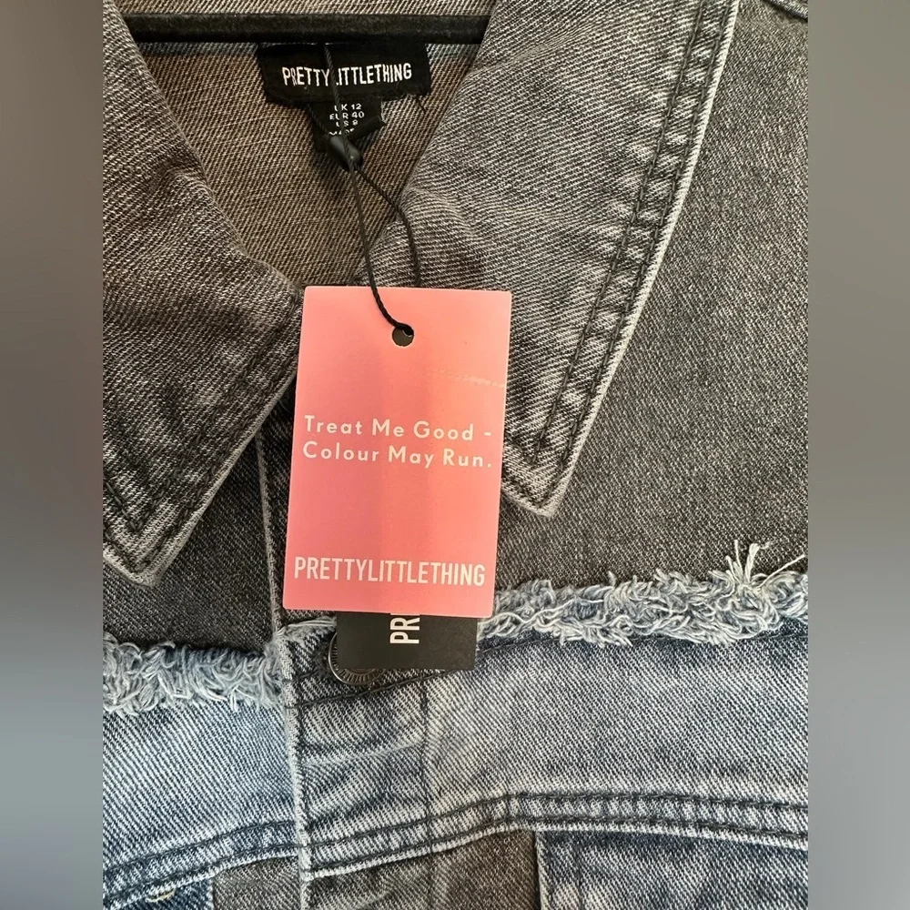 NWT PrettyLittleThing Washed Grey Double Layered Denim Cropped Jacket US Size 8 - Picture 10 of 14